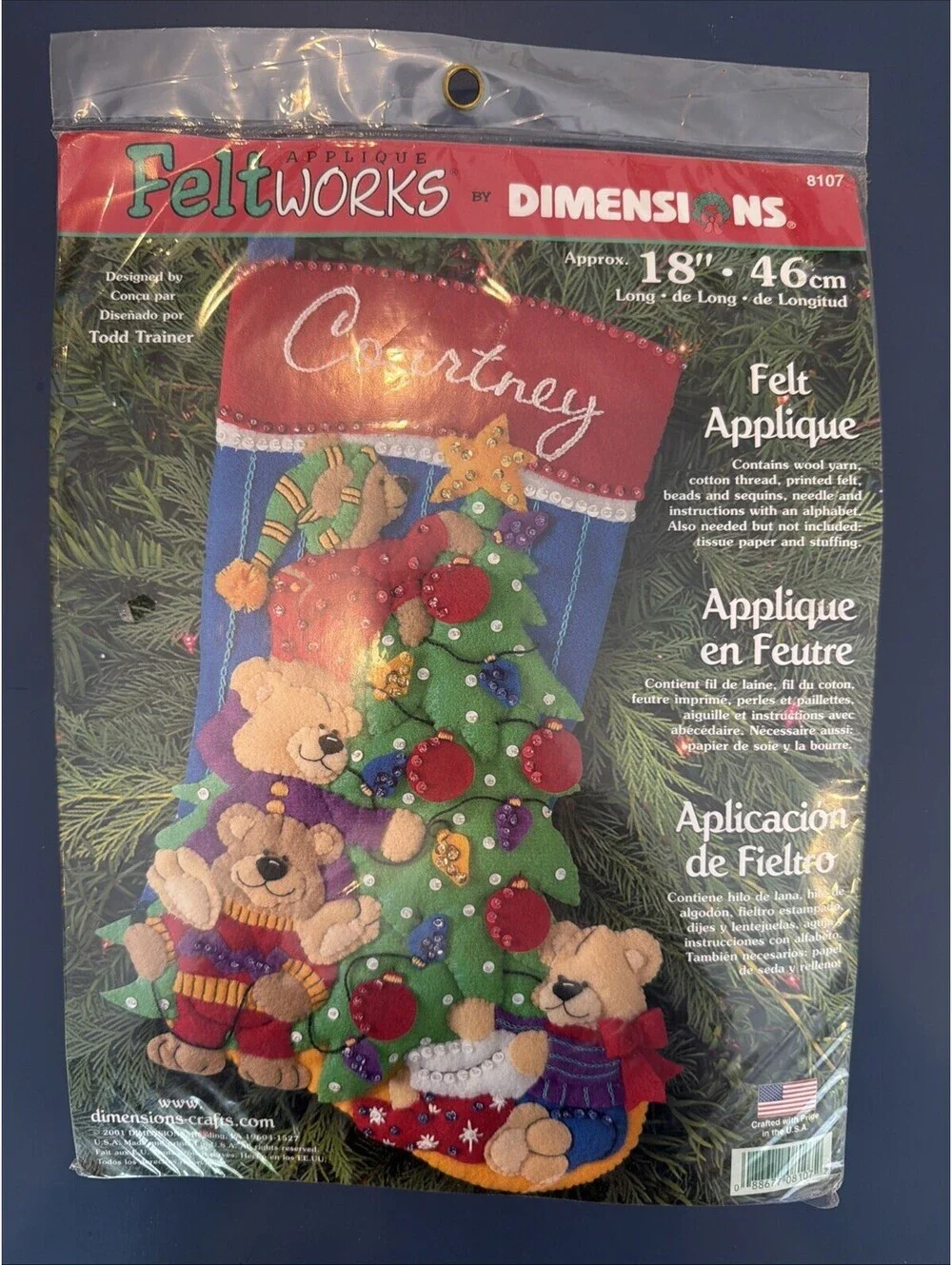 Vintage 2001 Dimensions Felt Works Appliqué Stocking Bears And Christmas Tree Ne